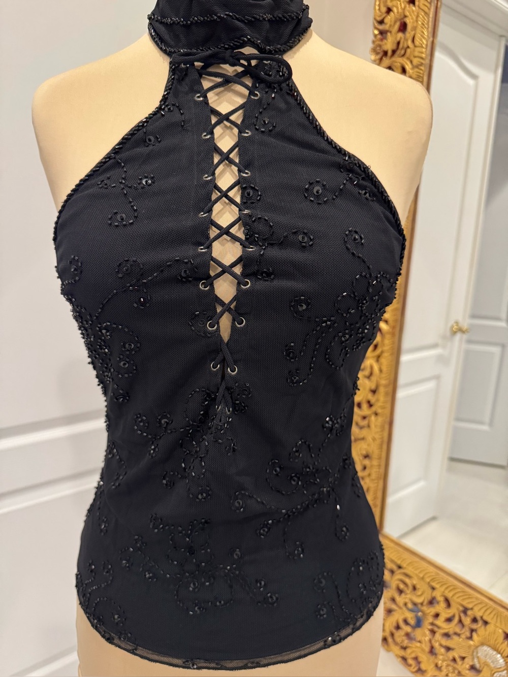 Black Lace-Up hand beaded Halter Top stretch, fabric, NWT Attitudes by Debra